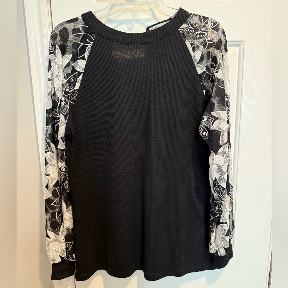 Miholl Black Long Sleeve Top with Monochrome Floral Sleeves